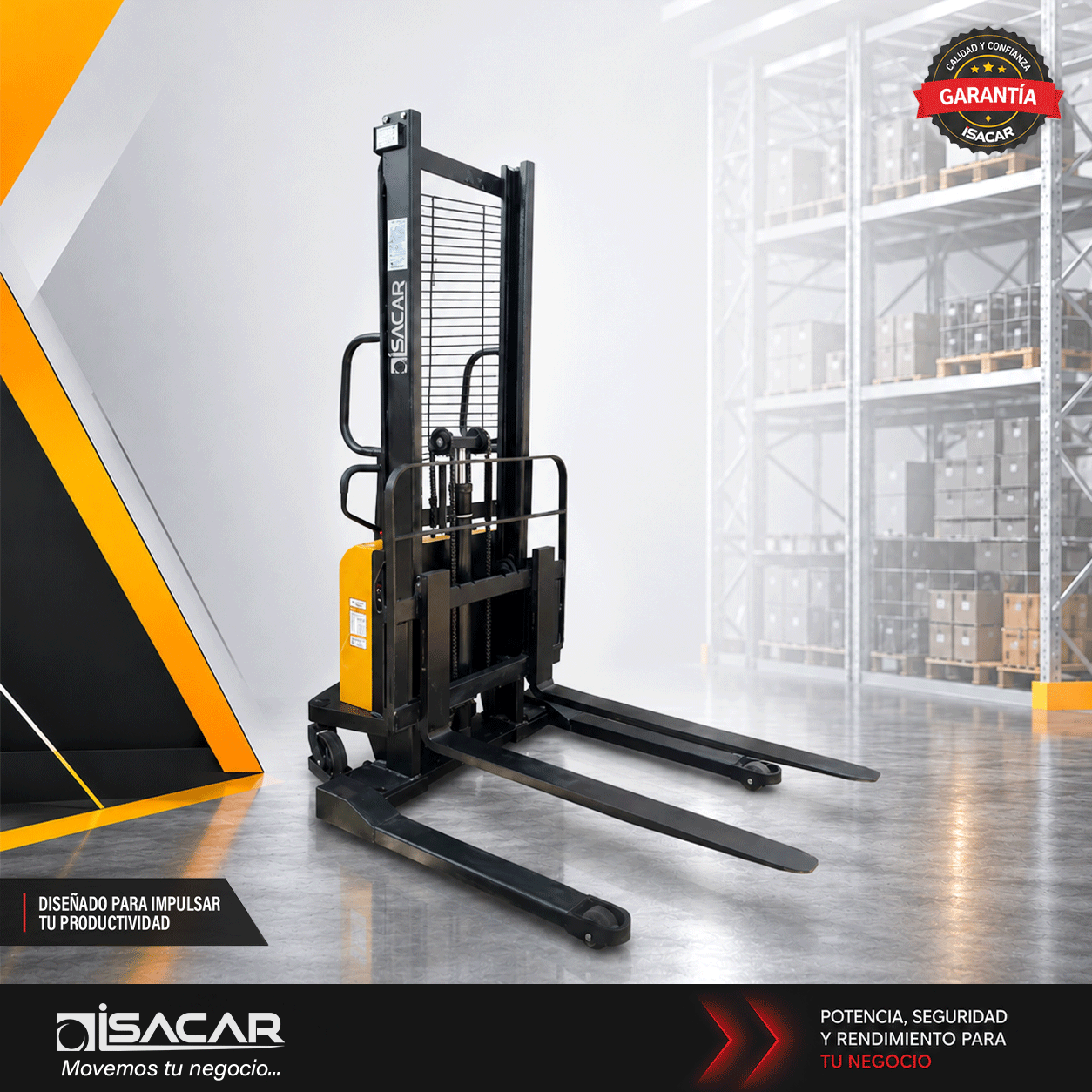 Apilador Semi Eléctrico 1500 kg x 3,3 Metros con Cargador 220V – Elevación y apilado para bodegas y almacenes