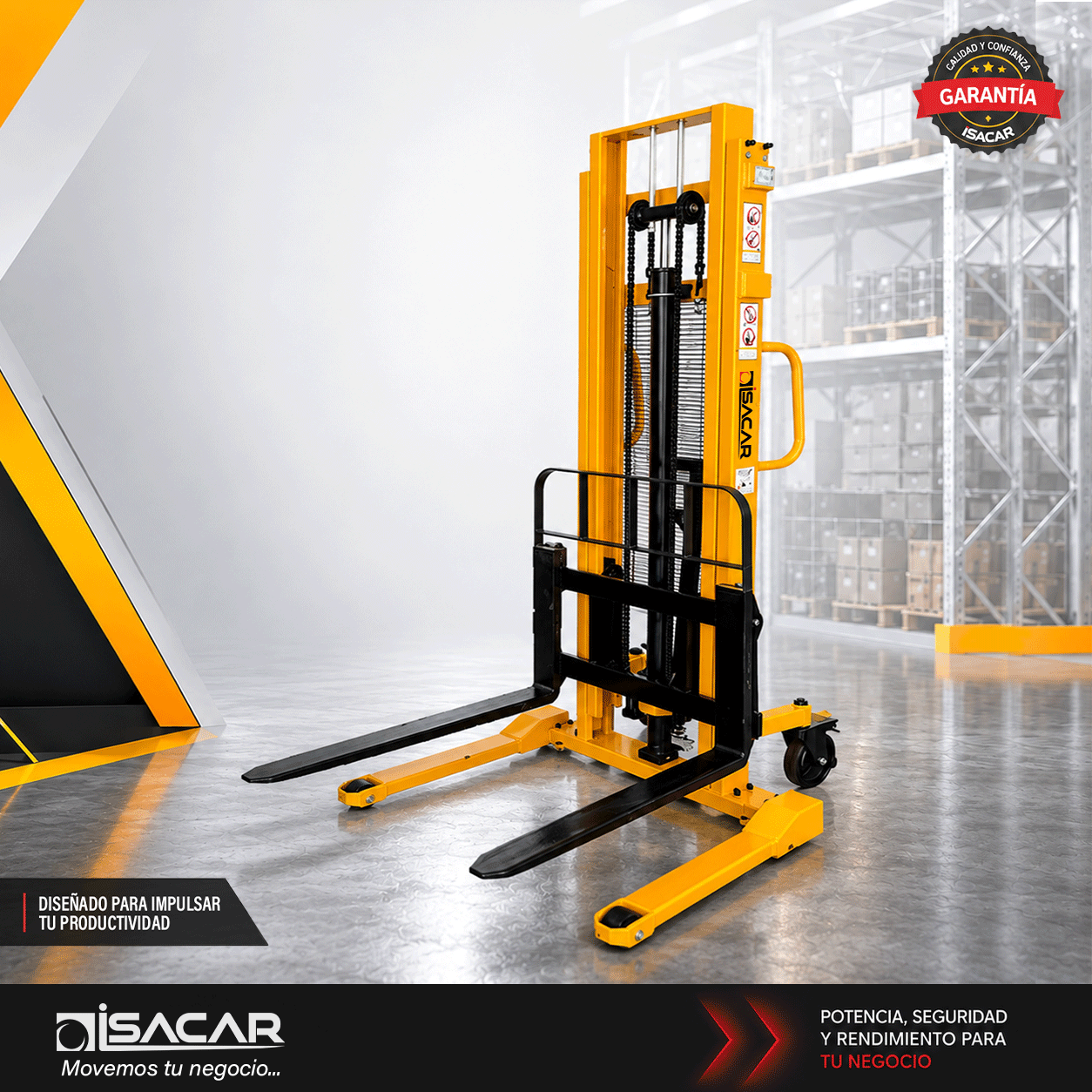Apilador Manual 1000 Kg levante 160cm Horquillas Ajustables